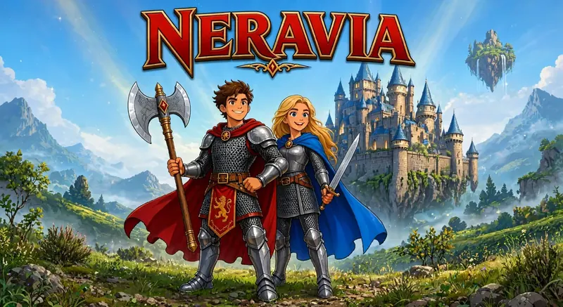 Titelbild von Neravia: zwei Helden in Rüstung vor einer Burg, darüber der Schriftzug Neravia