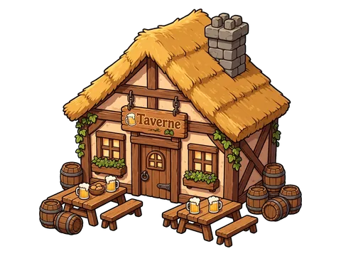 Fachwerk-Wirtshaus mit Strohdach, Bierbänken und Fässern